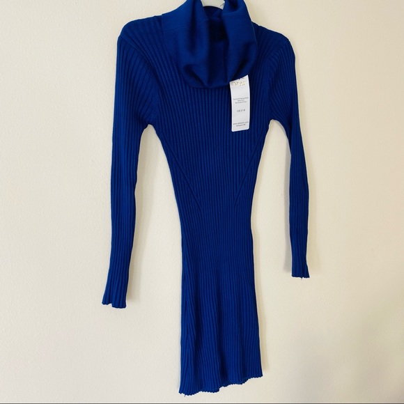 V28 ribbed knit blue long sleeve cowl neck fitted pull on mini sweater dress - Picture 6 of 7